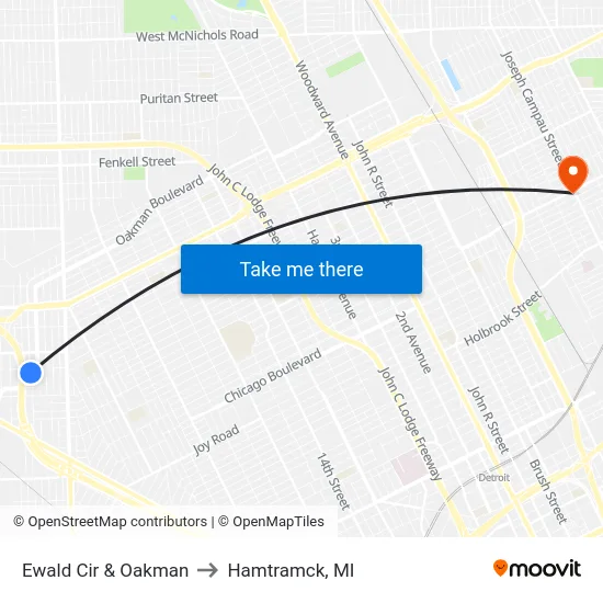Ewald Cir & Oakman to Hamtramck, MI map