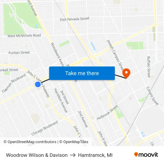 Woodrow Wilson & Davison to Hamtramck, MI map