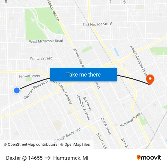 Dexter @ 14655 to Hamtramck, MI map