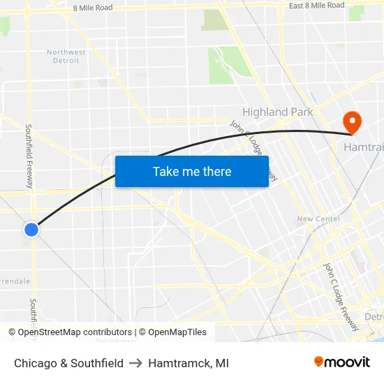 Chicago & Southfield to Hamtramck, MI map