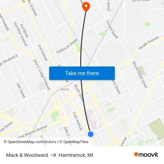 Mack & Woodward to Hamtramck, MI map