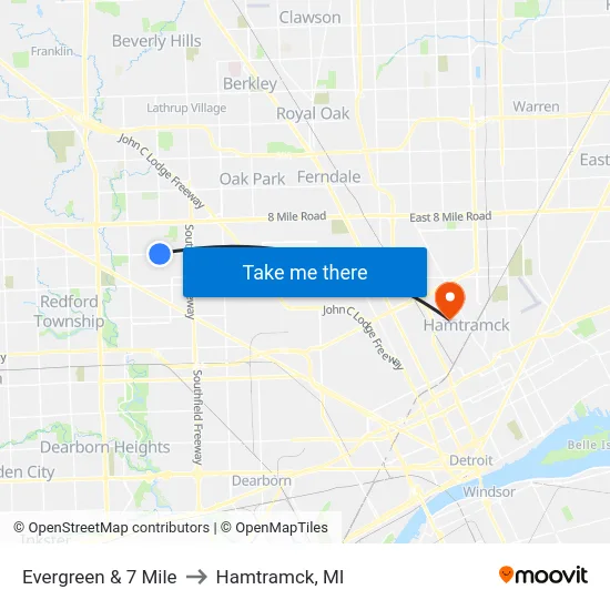 Evergreen & 7 Mile to Hamtramck, MI map