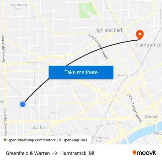 Greenfield & Warren to Hamtramck, MI map