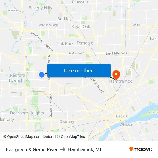 Evergreen & Grand River to Hamtramck, MI map