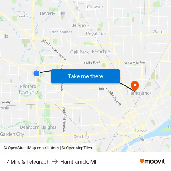 7 Mile & Telegraph to Hamtramck, MI map