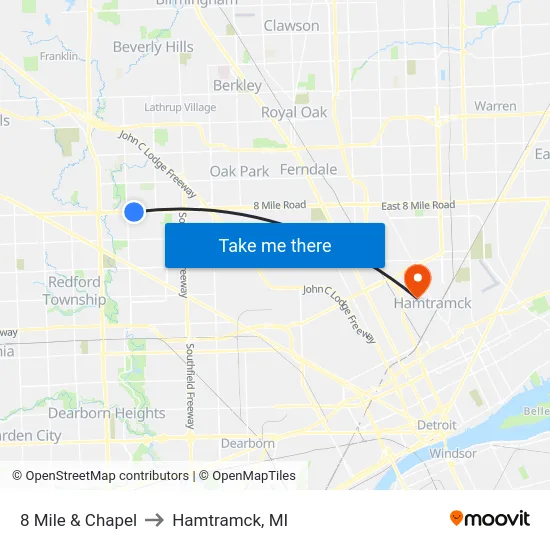 8 Mile & Chapel to Hamtramck, MI map