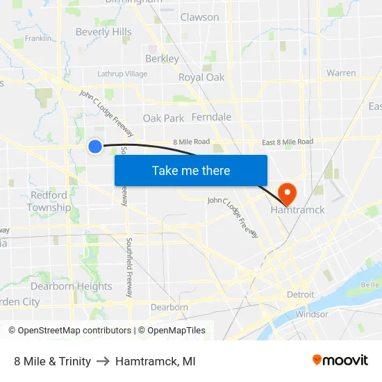 8 Mile & Trinity to Hamtramck, MI map
