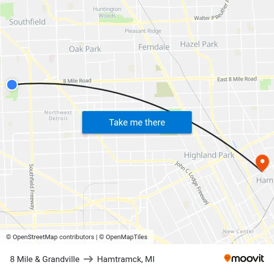 8 Mile & Grandville to Hamtramck, MI map