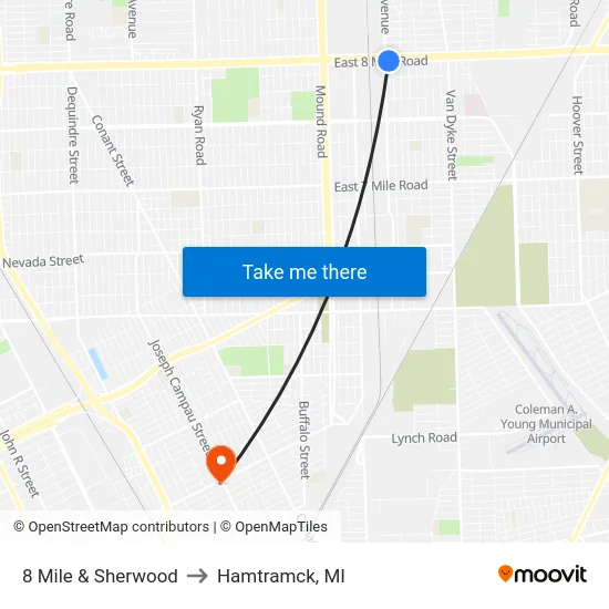 8 Mile & Sherwood to Hamtramck, MI map
