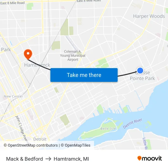 Mack & Bedford to Hamtramck, MI map