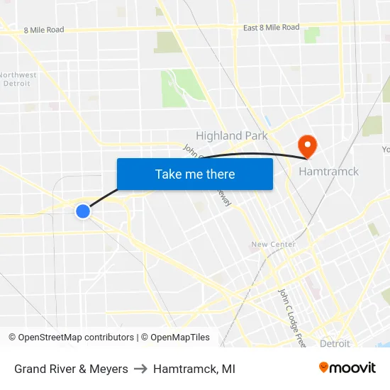 Grand River & Meyers to Hamtramck, MI map