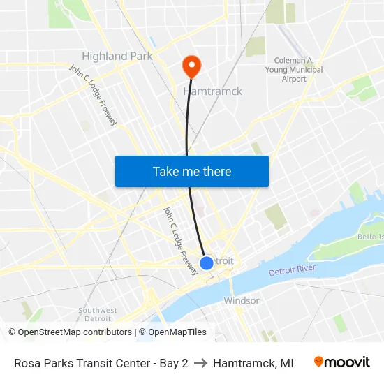 Rosa Parks Transit Center - Bay 2 to Hamtramck, MI map