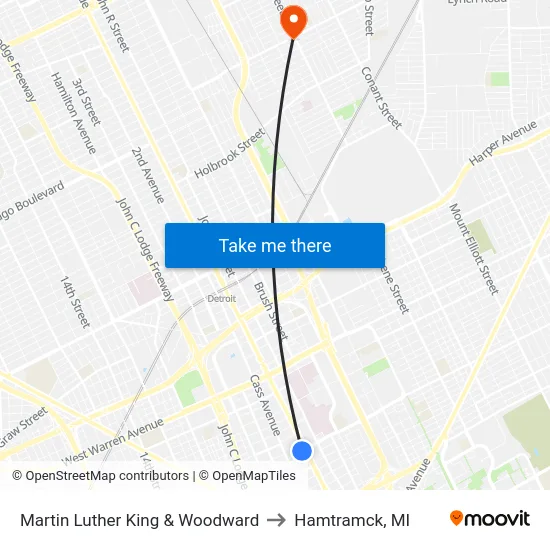 Martin Luther King & Woodward to Hamtramck, MI map