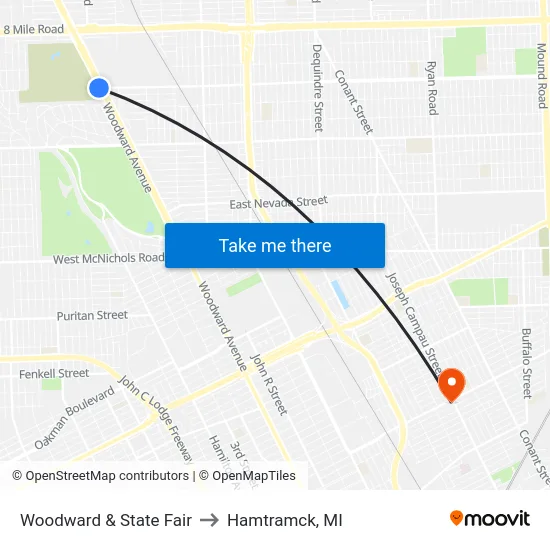 Woodward & State Fair to Hamtramck, MI map
