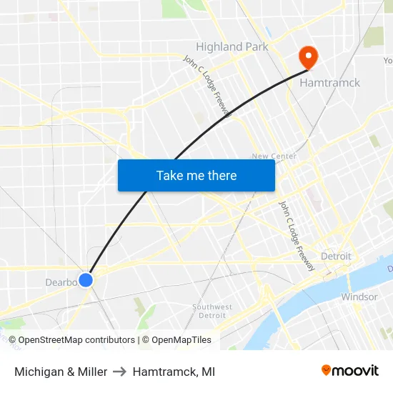 Michigan & Miller to Hamtramck, MI map