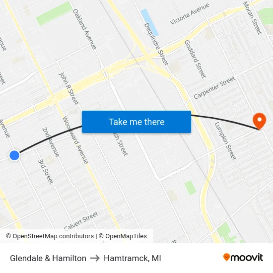 Glendale & Hamilton to Hamtramck, MI map