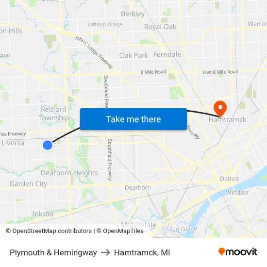 Plymouth & Hemingway to Hamtramck, MI map