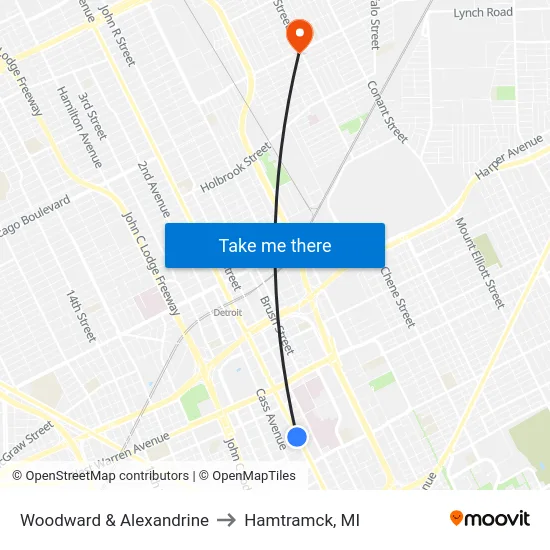 Woodward & Alexandrine to Hamtramck, MI map