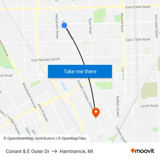 Conant & E Outer Dr to Hamtramck, MI map