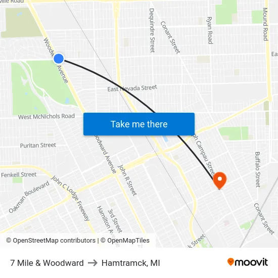 7 Mile & Woodward to Hamtramck, MI map