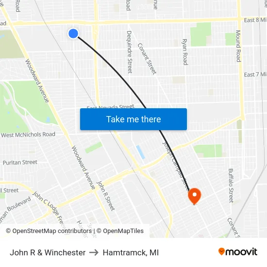 John R & Winchester to Hamtramck, MI map