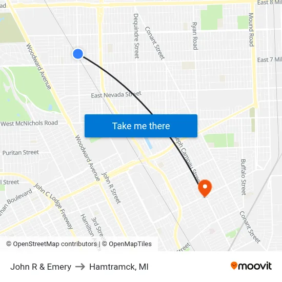 John R & Emery to Hamtramck, MI map