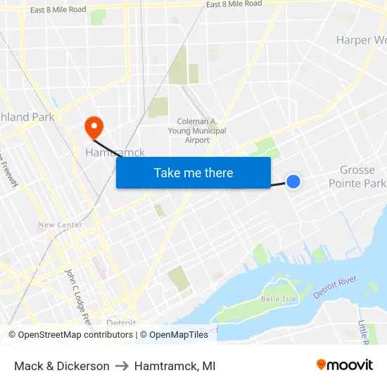Mack & Dickerson to Hamtramck, MI map