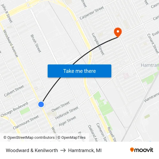 Woodward & Kenilworth to Hamtramck, MI map