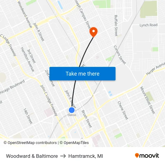 Woodward & Baltimore to Hamtramck, MI map