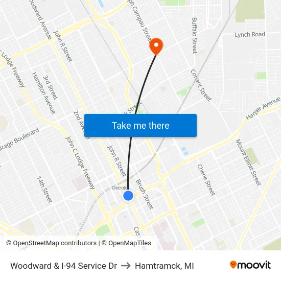 Woodward & I-94 Service Dr to Hamtramck, MI map