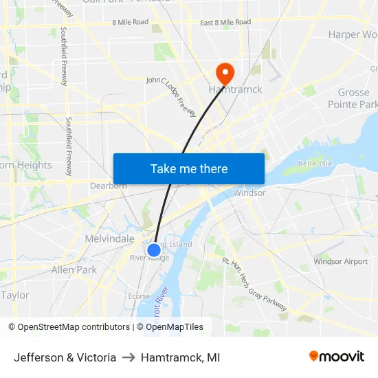 Jefferson & Victoria to Hamtramck, MI map