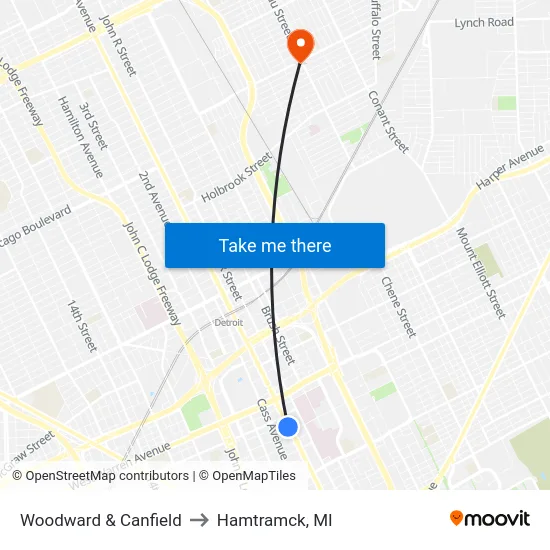 Woodward & Canfield to Hamtramck, MI map