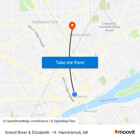 Grand River & Elizabeth to Hamtramck, MI map