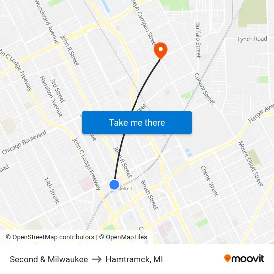 Second & Milwaukee to Hamtramck, MI map