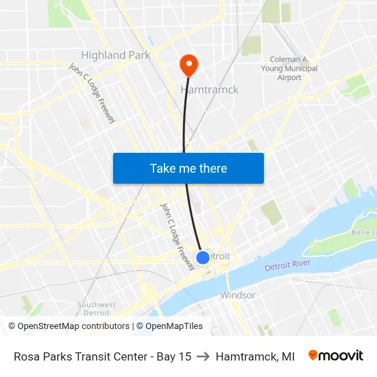 Rosa Parks Transit Center - Bay 15 to Hamtramck, MI map