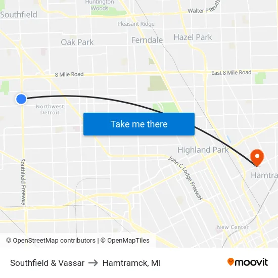 Southfield & Vassar to Hamtramck, MI map