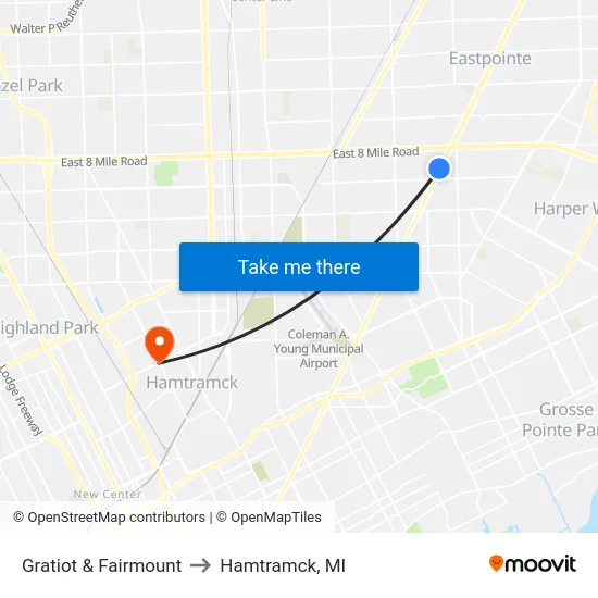 Gratiot & Fairmount to Hamtramck, MI map