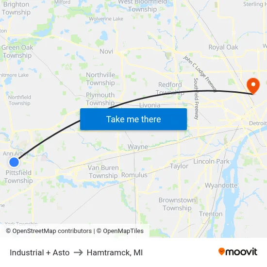 Industrial + Asto to Hamtramck, MI map