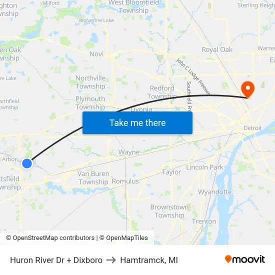 Huron River Dr + Dixboro to Hamtramck, MI map