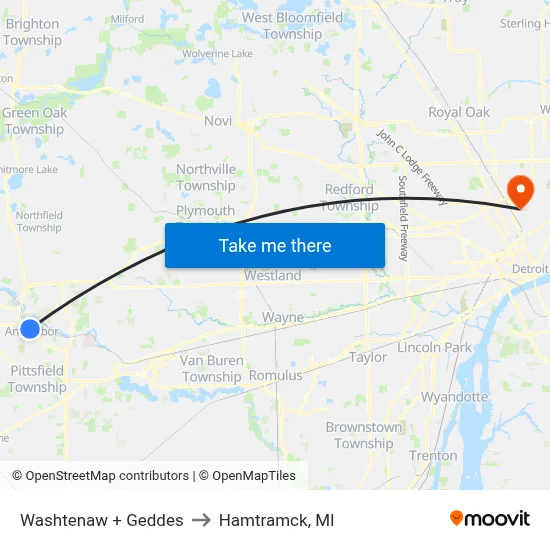 Washtenaw + Geddes to Hamtramck, MI map