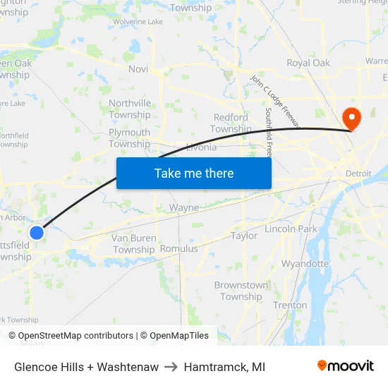 Glencoe Hills + Washtenaw to Hamtramck, MI map
