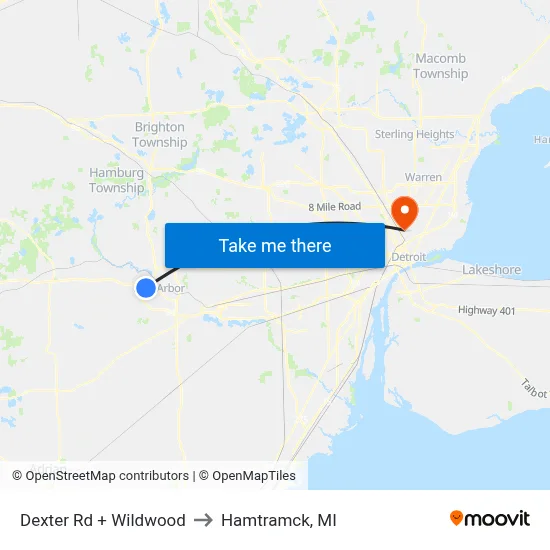 Dexter Rd + Wildwood to Hamtramck, MI map