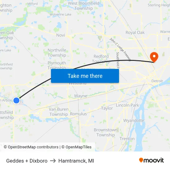 Geddes + Dixboro to Hamtramck, MI map