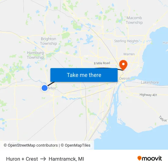 Huron + Crest to Hamtramck, MI map