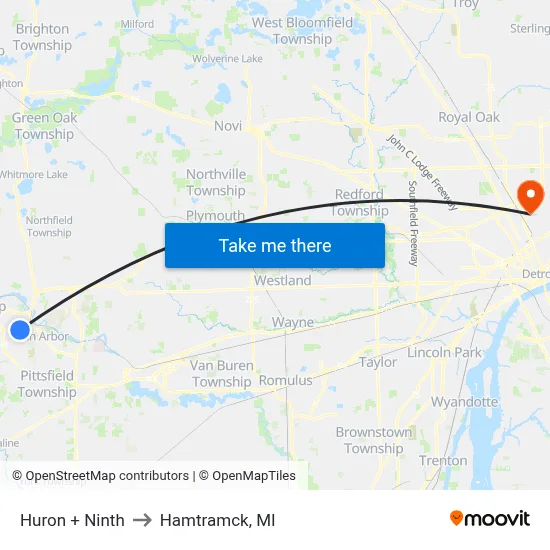 Huron + Ninth to Hamtramck, MI map