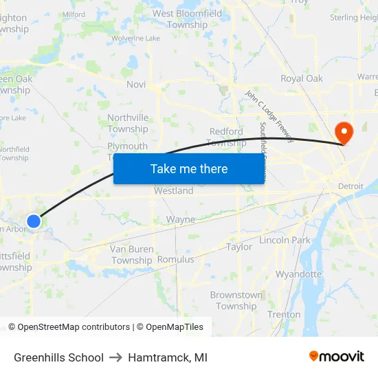 Greenhills School to Hamtramck, MI map