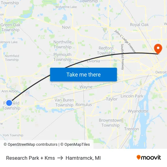 Research Park + Kms to Hamtramck, MI map