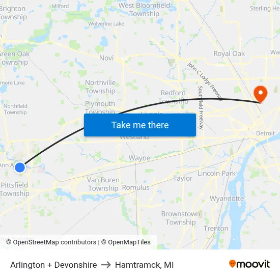 Arlington + Devonshire to Hamtramck, MI map