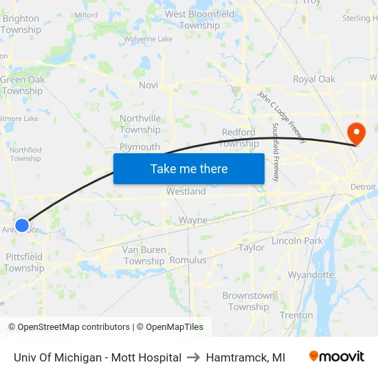 Univ Of Michigan - Mott Hospital to Hamtramck, MI map