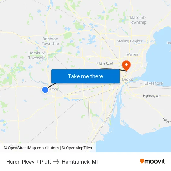 Huron Pkwy + Platt to Hamtramck, MI map